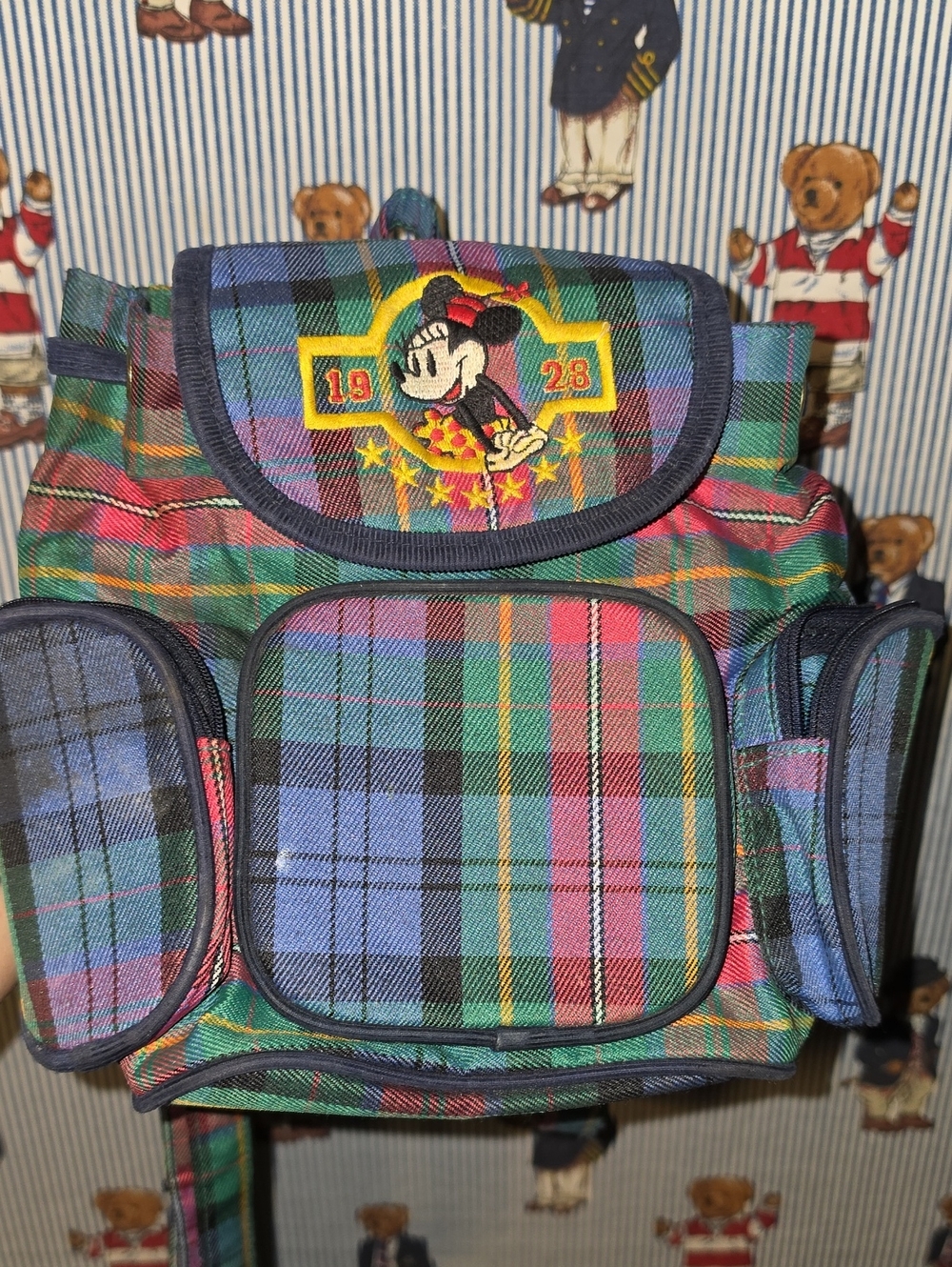 Vintage 80s 90s Minnie Mouse Plaid Kids Mini Backpack - Multicolor Plaid
